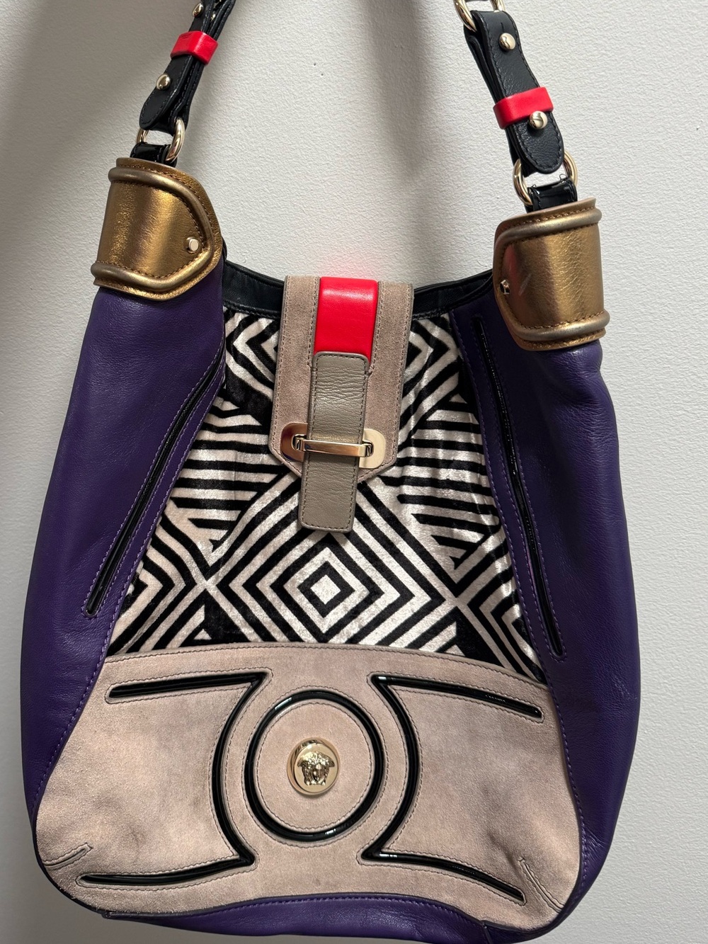Authentic Vintage Versace Purple Multi-Color Shoulder Hobo Bag with COA